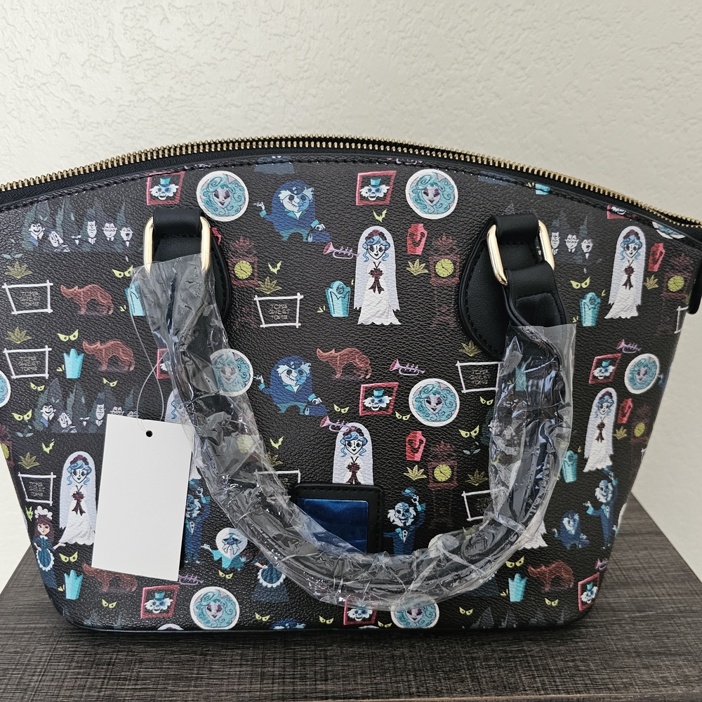 Disney Haunted Mansion Inspired Black Satchel with Whimsical Travel Design